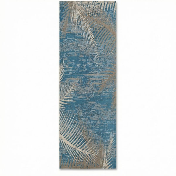 Monaco Tropical Palms Ocean Blue 2 ft. x 12 ft Coastal Flatwoven Floral Polypropylene Runner Indoor/Outdoor Area Rug