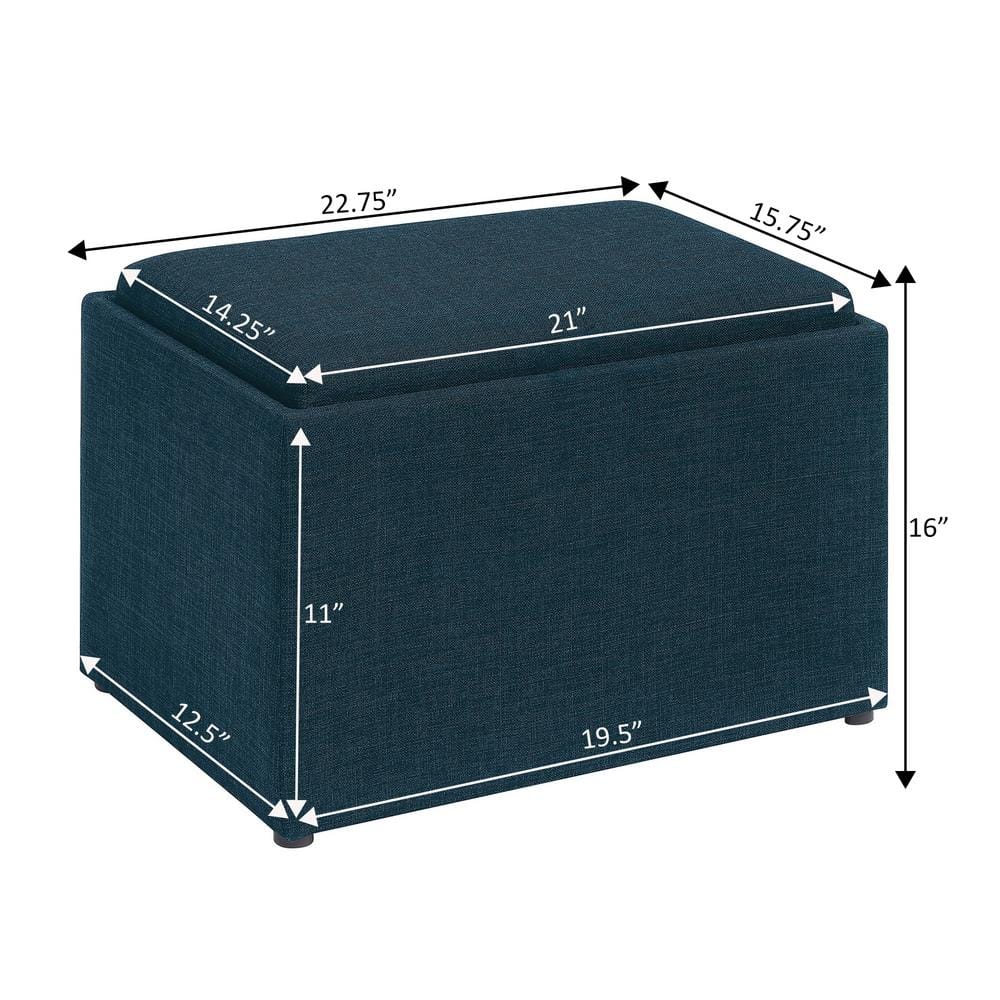 Dark Blue Fabric Storage Ottoman with Reversible Tray