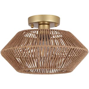 Semiko 12.6 in. 1-Light Gold Modern Hand-Woven Rattan Caged Semi Flush Mount Ceiling Light With Shade