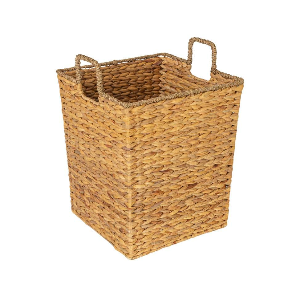 HOUSEHOLD ESSENTIALS Natural Square Handwoven Water Hyacinth and Seagrass Decorative Basket with Handles