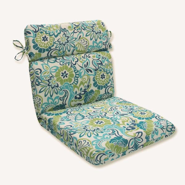 Pillow Perfect Floral Outdoor/Indoor 21 in. W x 3 in. H Deep Seat, 1-Piece Chair Cushion with Round Corners in Blue/Green Zoe