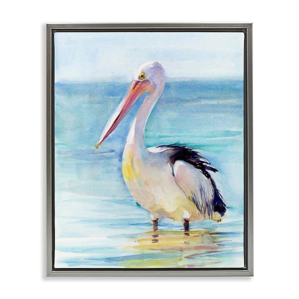 Pelican Wading in Sea by John Keeling Gray Floater Frame Coastal Graphic Art Print 31 in. x 25 in.