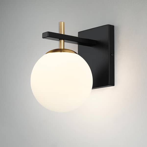 TRUE FINE Orren 1-Light Black Wall Sconce Light with White Glass Shade