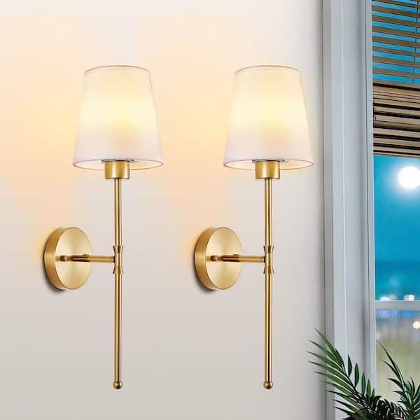 4.7 in. 1-Light Gold Battery Operated Wireless Wall Sconce with Remote (2-Pack)
