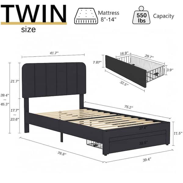 Platform Storage Bed Black Metal Frame Twin Platform Bed with Velvet Upholstered Headboard and 1 Drawer