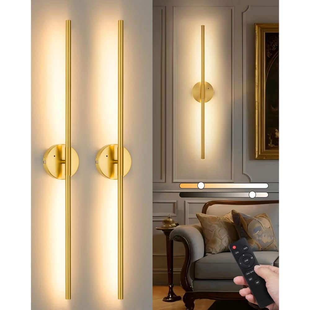 24 in. Brushed Gold Rechargeable Battery Operated Wall Sconce 360° Rotatable Dimmable Wall Light with Remote (Set of 2) price history on PriceWatchPro