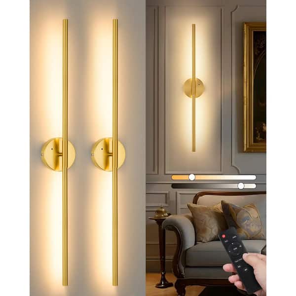 24 in. Brushed Gold Rechargeable Battery Operated Wall Sconce 360° Rotatable Dimmable Wall Light with Remote (Set of 2)