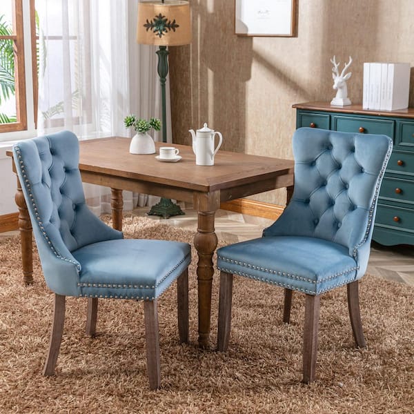 CSC DECOR INC Light Blue Modern Velvet Upholstered Dining Chair Tufted Nailhead Trim Side Chair with Wood Legs Set of 2