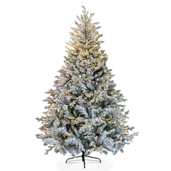 7 ft. Pre-Lit LED Green Flocked PVC PE Artificial Christmas Tree with 1100 Branch Tips 400 Lights 8 Modes