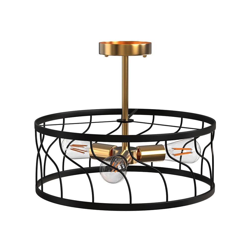 16.5 in. 3-Light Black and Gold Metal Semi-Flush Mount with Drum Shape price history on PriceWatchPro