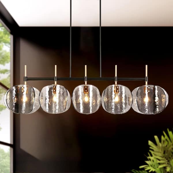 Rajinloosm 53 in. 5-Light Black and Gold Island Chandelier with Handmade Smoky Gray Curved Glass Discs, No Bulb Included