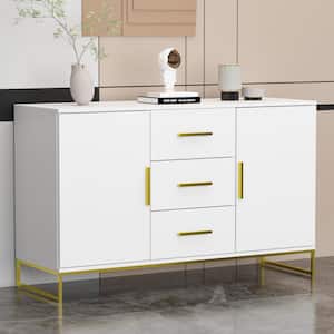 White Storage Accent Cabinets With 3 Drawers and 2-Cabinets, Metal Legs Cupboard Floor-Standing Sideboard