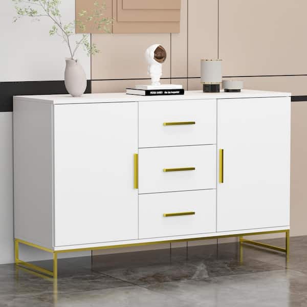 FUFU&GAGA White Storage Accent Cabinets With 3 Drawers and 2-Cabinets, Metal Legs Cupboard Floor-Standing Sideboard