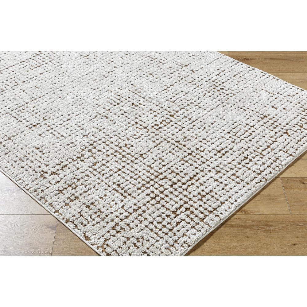 Ivory and Brown High Pile Polyester Area Rug, 5'3" x 7'