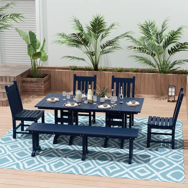 Hayes 65 in. Backless HDPE Plastic Trestle Outdoor Dining 2-Person Patio Garden Bench in Navy Blue