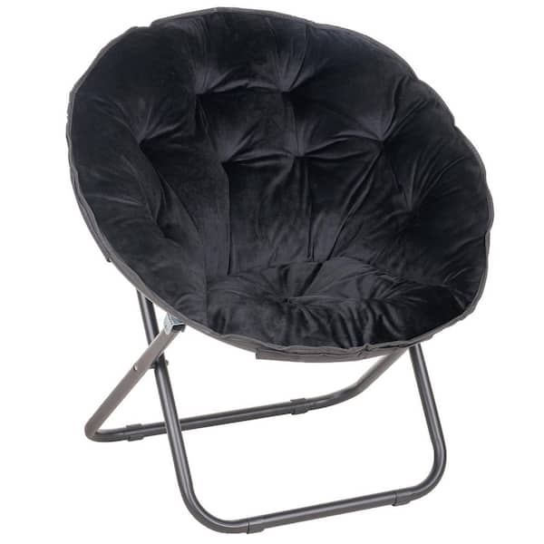 Folding Moon Chair with Faux Fur Seat, Black Saucer Chair for Teens, Adults No-Assembly Accent Chair for Bedroom or Dorm