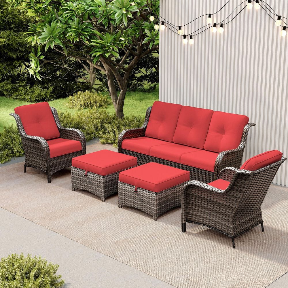 5-Piece Patio Conversation Set - Wicker Sofa, Chairs & Ottomans with Red Cushions price history on PriceWatchPro