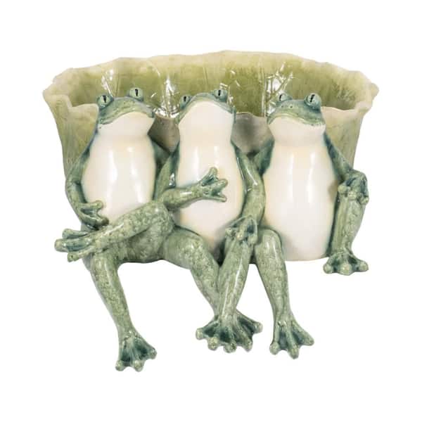 Green Resin Three Sitting Frogs with Leaf Bowl Decorative Planter (10.25 in. W x 7 in. H)