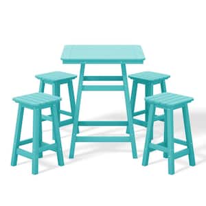 Laguna 5-Piece Fade Resistant HDPE Plastic Outdoor Patio Square Counter Height Bistro Set, Matching Barstools Turquoise