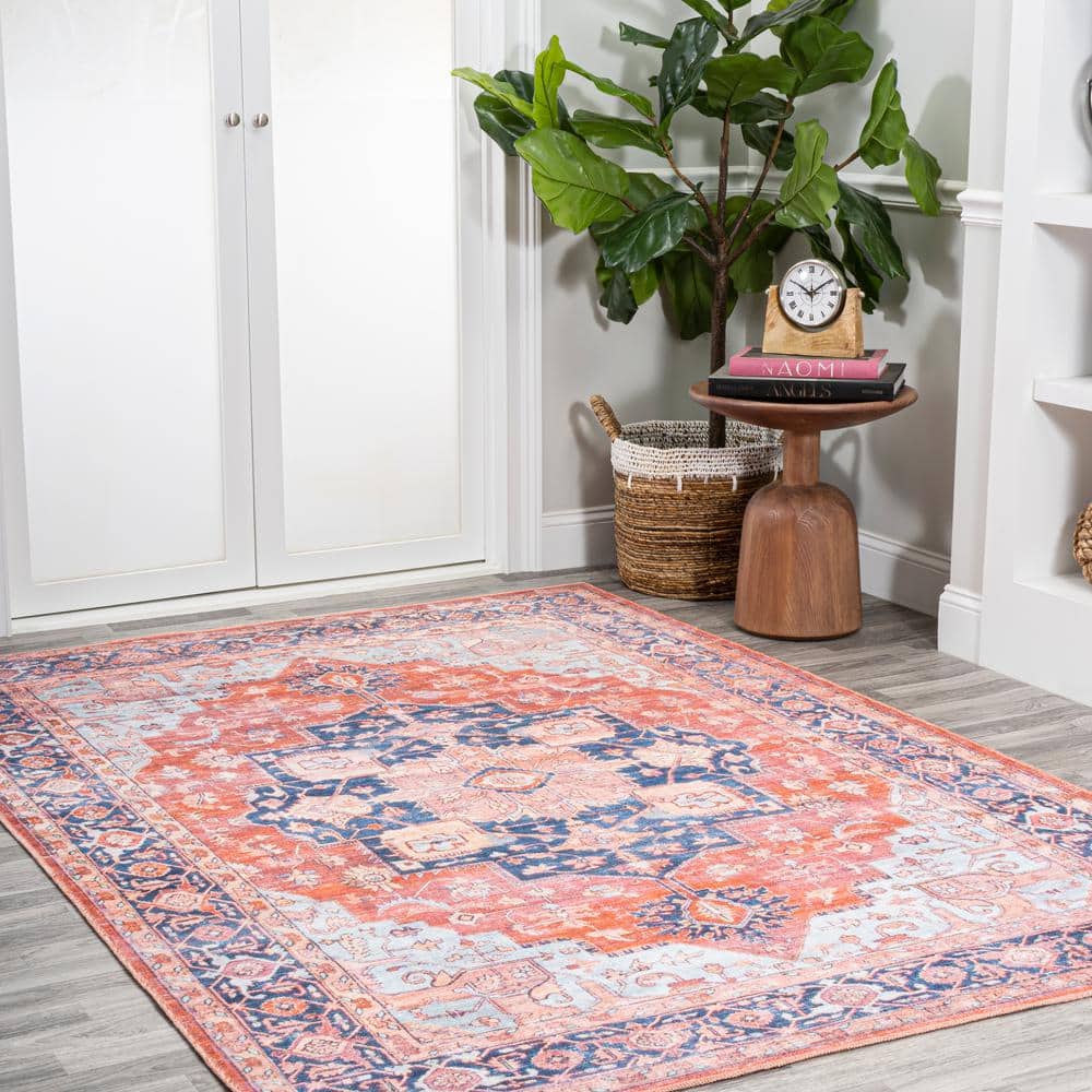 Maris Blue and Orange Medallion Washable Area Rug