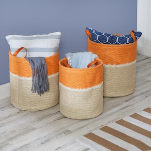 Natural / Orange Paper Straw Nesting Baskets with Handles (Set of 3)