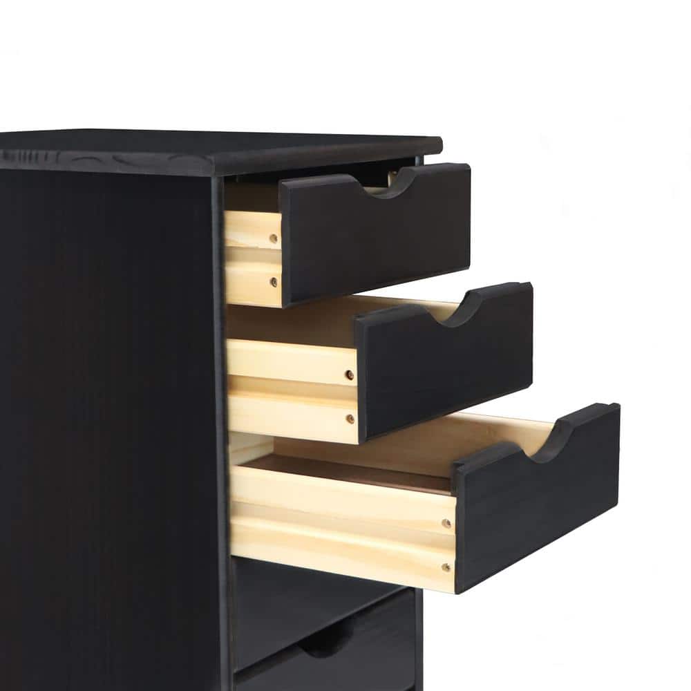 Black Solid Wood 6-Drawer Rolling Storage Cart