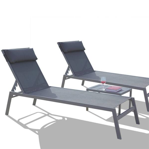 Huluwat 3-Piece Metal Outdoor  Adjustable Backrest Chaise Lounge with Headrest in Gray (2 Lounge Chair plus 1 Table)