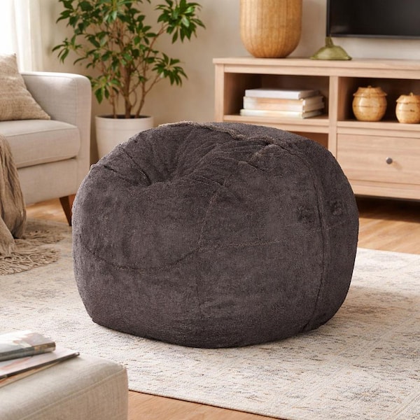 Brown Polyester-Faux Fur Bean Bag, Bean Bag Sofa with Removable Washable Cover, Round Bean Bag Seat, Bean Bag Furniture