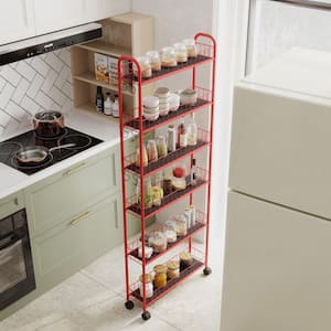 6-Tier Red Metal Slim Kitchen Cart, Slide Out Storage Tower Utility Cart with Wheels-22 in. W x 6 in. D x 61 in. H