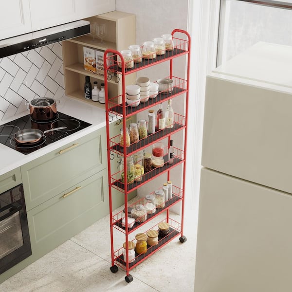 6-Tier Red Metal Slim Kitchen Cart, Slide Out Storage Tower Utility Cart with Wheels-22 in. W x 6 in. D x 61 in. H