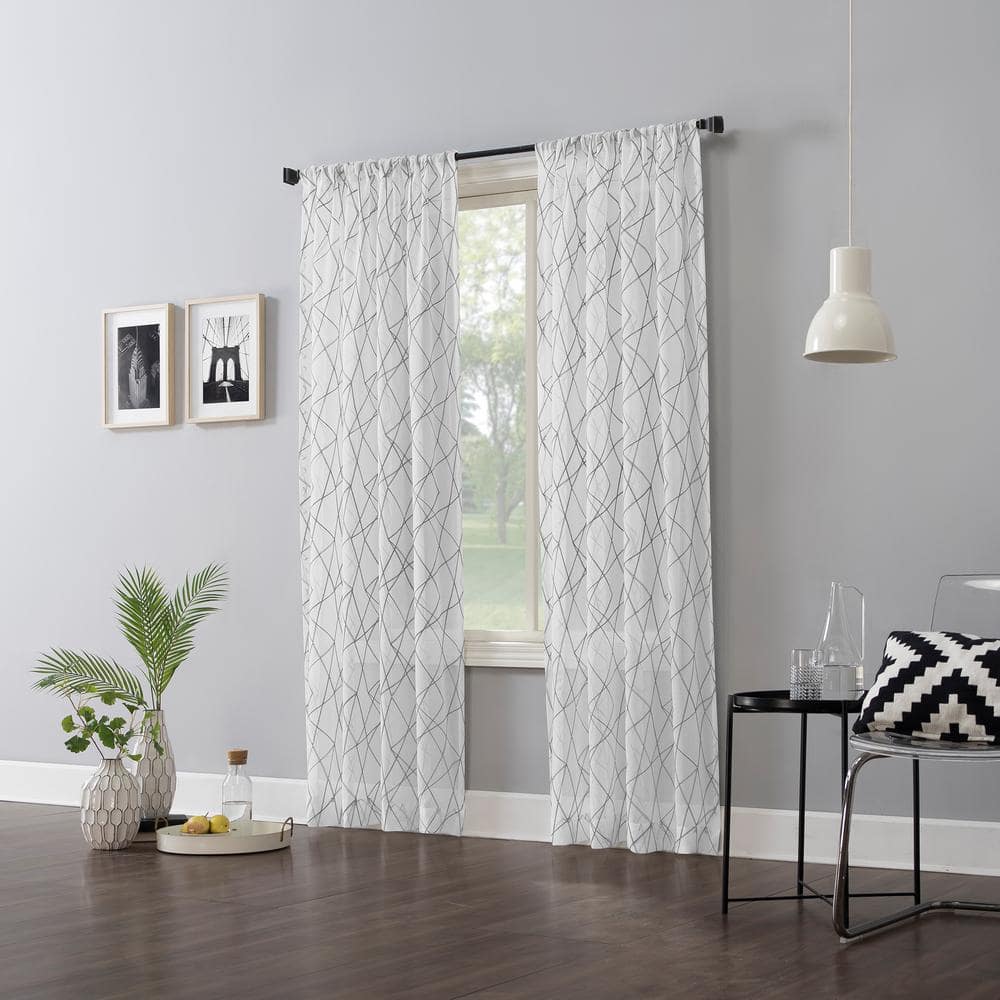 Gray Geometric Embroidery Semi-Sheer Rod Pocket Curtain Panel, 50" x 63"