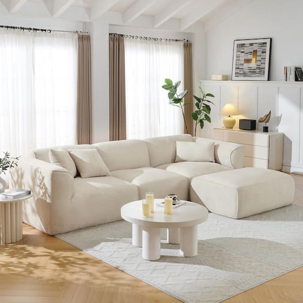 Modern 112.1 in. Round Arm 4-piece Velvet L-Shaped Sectional Sofa in Beige with Ottoman and 3 Pillows