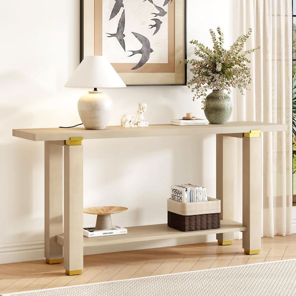 Harper & Bright Designs Metal Accents 63 in. Natural Rectangle Pine Wood Veneer and MDF Console Table with Bottom Shelf