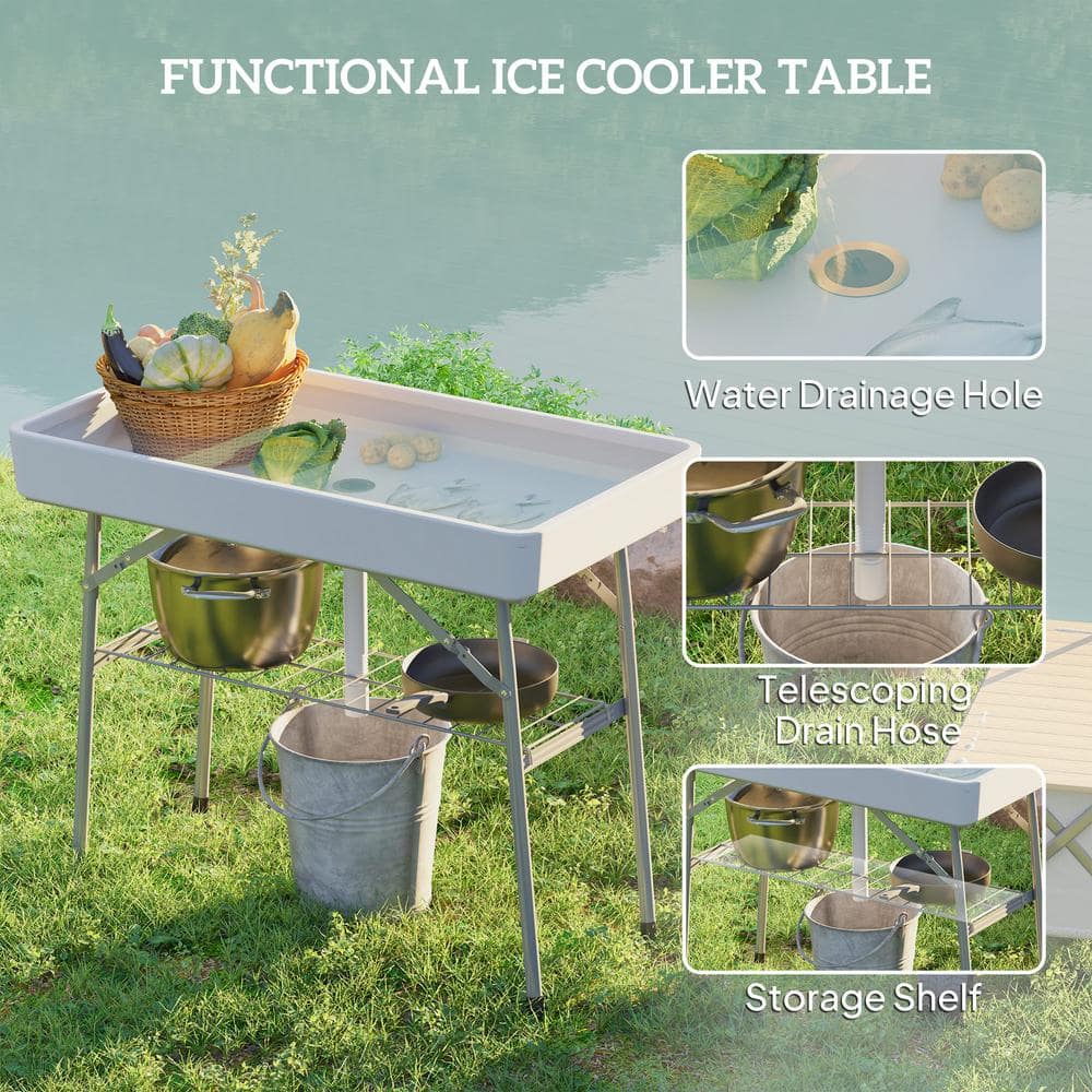 White Folding Steel Ice Cooler Table with Drain and Storage Shelf