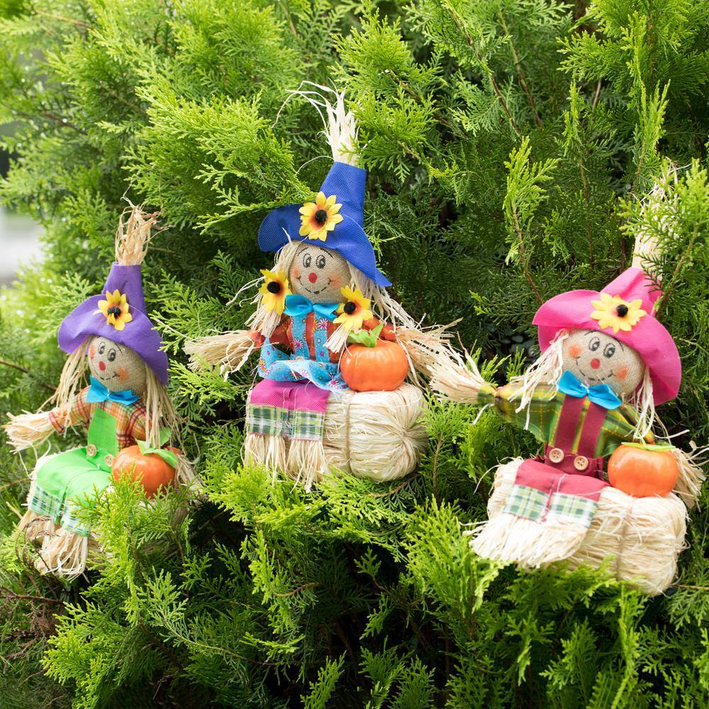 Multicolor Fabric and Hay Trio Scarecrows for Halloween and Fall Decor