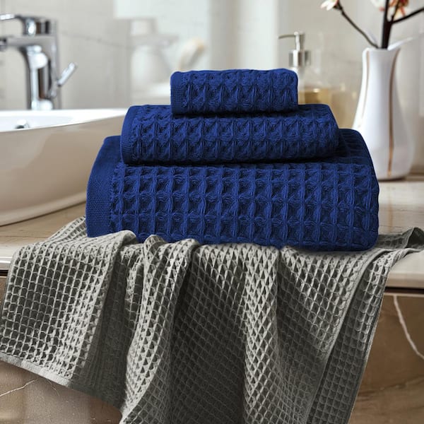 3 Piece Navy Cotton Bath Towel Set Waffle Absorbent Quick Dry Bath Towels