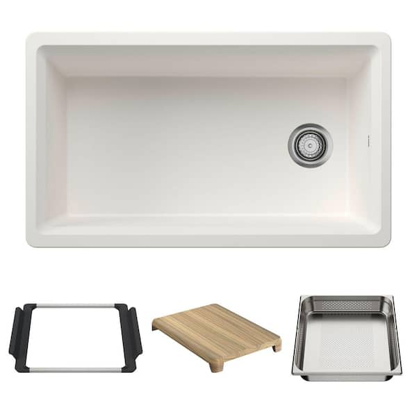 Inteos 33 in. Undermount Single Bowl White Granite Composite Kitchen Sink With Colander and Cutting Board