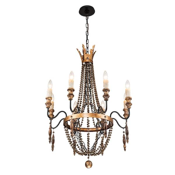 HUOKU Auro 8-Light Classic Vintage French Empire Beaded Rusty Chandelier for Froyer
