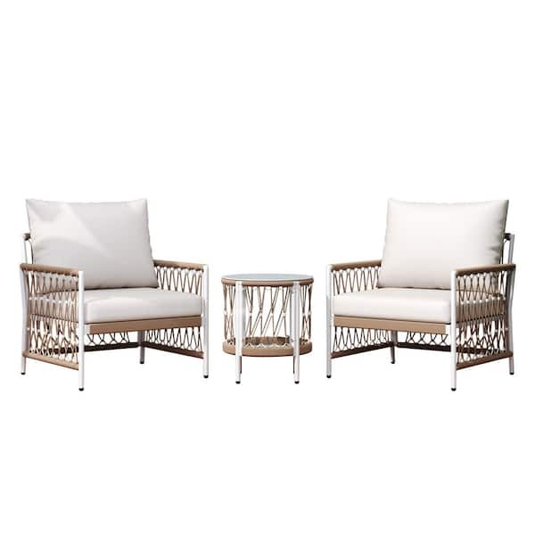 3-Piece Metal Outdoor Serving Bar Set with Beige Cushions