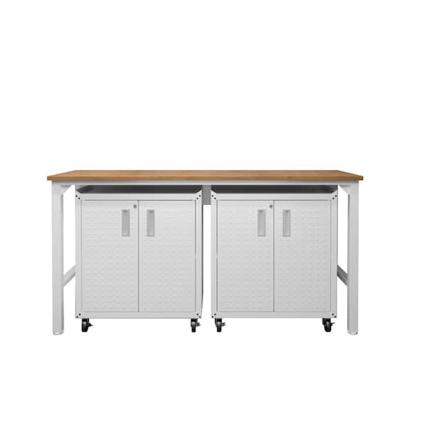 Manhattan Comfort Fortress 72.4 in. W x 37.6 in. H x 20.5 in. D Steel 3-Piece Mobile Space-Saving Garage Storage System in White