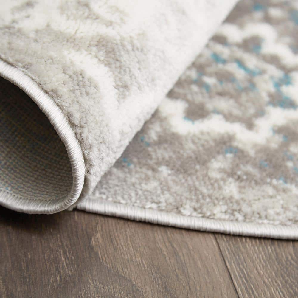 Blue and Gray Round Medallion Washable Area Rug