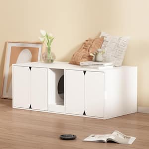 Cat Litter Box Enclosure Furniture for 2 Cats, Large Modern Wooden 4-door Cat Washroom with Double Room and Litter Catch