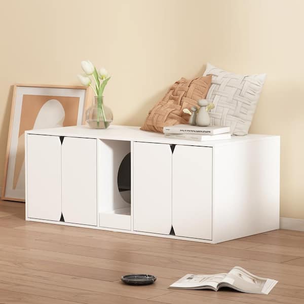 FUFU&GAGA Cat Litter Box Enclosure Furniture for 2 Cats, Large Modern Wooden 4-door Cat Washroom with Double Room and Litter Catch