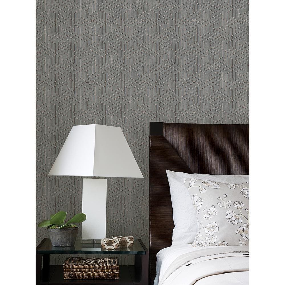 Tama Charcoal Geometric Vinyl Wallpaper with Rose Gold Accents