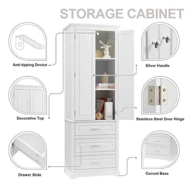 URTR White Storage Cabinet with 2 Doors &1 Drawer, Tall Bathroom Cabinet  with Adjustable Shelf, Narrow Floor Storage Cabinet T-02106-K - The Home  Depot