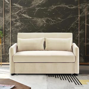 57.1 in. Wide Beige Flared Arm Velvet Straight Twin Size Sofa Bed with Pull Out Sleeper