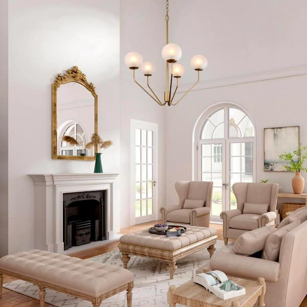 5-Light Gold Candlestick Chandelier with Frosted Glass Shade