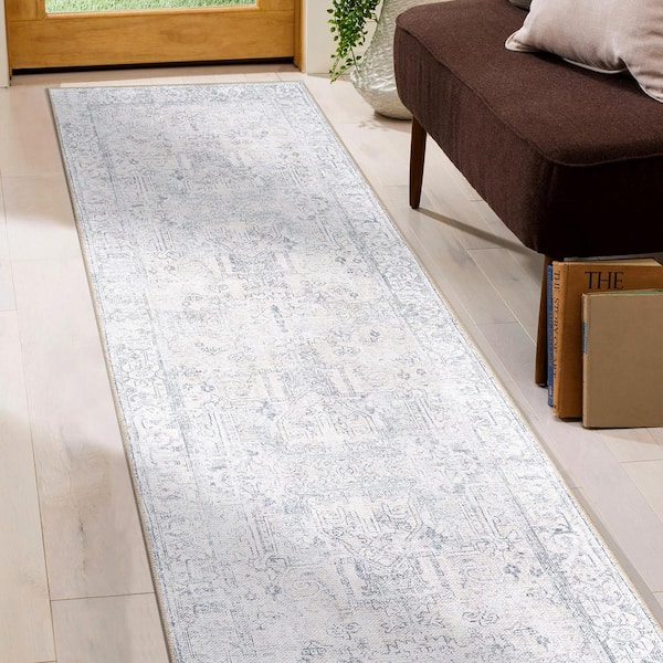 Vintage Inspired Distressed Machine Washable Blue 2 ft. 6 in. x 12 ft. Runner Rug