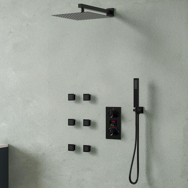 EVERSTEIN Knobs 3-Spray 12 in. Thermostatic Rain Dual Shower Head Fixed and Handheld Shower Head in Matte Black 2.5 GPM