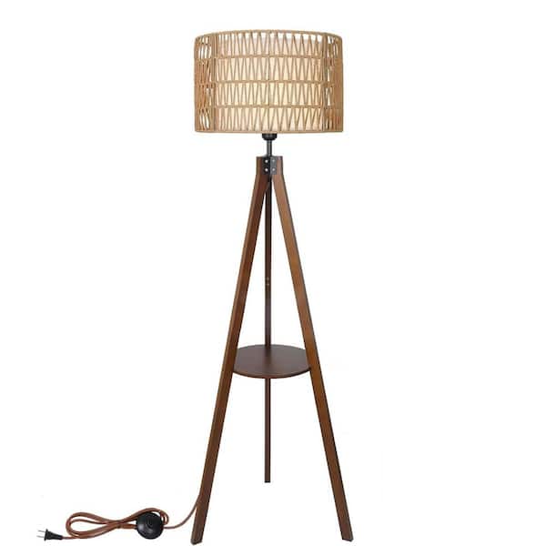 Lasaideal 59 in. Black Boho 3-Light Tripod Floor Lamp with Rattan and Fabric Drum Shade, Foot Switch